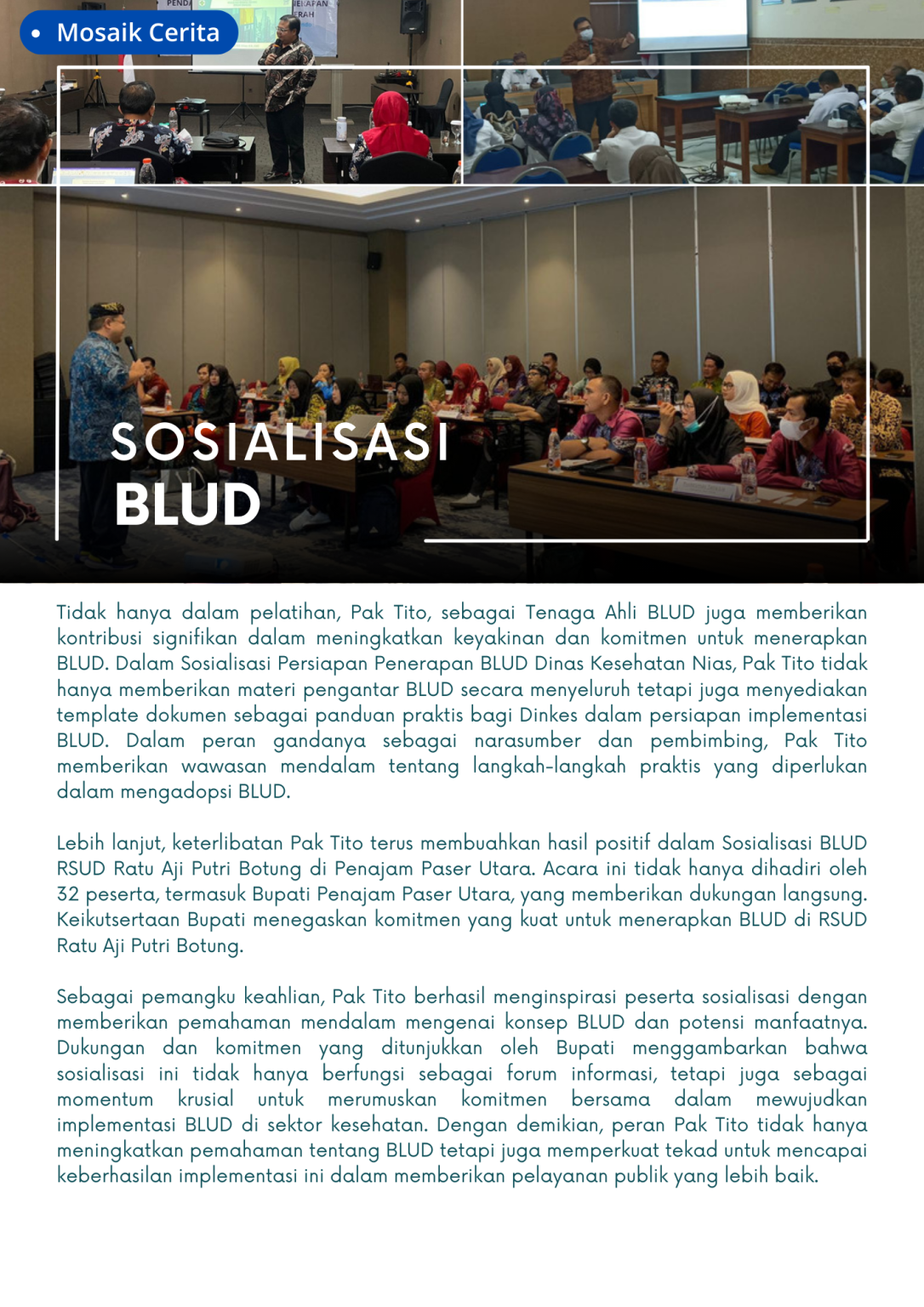 Badan Layanan Umum Daerah ( BLUD) adalah instansi pemerintah yang dibentuk untuk memberikan pelayanan kepada masyarakat dengan mengutamakan prinsip efisiensi, efektifitas, dan profesionalitas. Untuk menjalankan tugas dan fungsinya, BLUD membutuhkan tenaga ahli dan narasumber yang kompeten dan berpengalaman. Tenaga ahli BLUD adalah orang yang memiliki keahlian dan keterampilan khusus di bidang tertentu yang dibutuhkan oleh BLUD. Mereka dapat memberikan konsultasi, pelatihan, atau pendampingan kepada BLUD. Narasumber BLUD adalah orang yang memiliki pengetahuan dan pengalaman luas di bidang tertentu yang dapat berbagi informasi dan pengalamannya kepada BLUD. Tenaga ahli dan narasumber BLUD dapat memberikan berbagai manfaat bagi BLUD, antara lain: Meningkatkan kualitas pelayanan BLUD Meningkatkan efisiensi dan efektivitas BLUD Meningkatkan profesionalisme BLUD Mendorong inovasi BLUD Untuk menemukan tenaga ahli dan narasumber BLUD yang tepat, Anda dapat mencari informasi melalui website, media sosial, atau acara-acara yang berkaitan dengan BLUD. Anda juga dapat menghubungi konsultan BLUD untuk mendapatkan rekomendasi. Berikut adalah beberapa tips untuk menemukan tenaga ahli dan narasumber BLUD yang tepat: Pilih tenaga ahli atau narasumber yang memiliki keahlian dan pengalaman yang sesuai dengan kebutuhan BLUD Anda. Cari tenaga ahli atau narasumber yang memiliki reputasi yang baik. Tanyakan tentang portofolio atau pengalaman kerja tenaga ahli atau narasumber tersebut. Dengan menerapkan tips-tips di atas, Anda dapat menemukan tenaga ahli dan narasumber BLUD yang tepat untuk membantu BLUD Anda mencapai tujuannya.